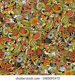 Cartoon doodles Summer nature seamless pattern. Backdrop with Summertime symbols and items. Colorful detailed background for print on fabric, textile, phone cases, wrapping paper.