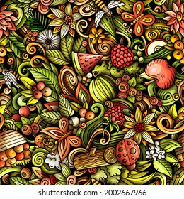 Cartoon doodles Summer nature seamless pattern. Backdrop with Summertime symbols and items. Colorful detailed background for print on fabric, textile, phone cases, wrapping paper.