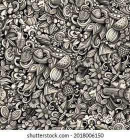 Cartoon doodles Summer nature seamless pattern. Backdrop with Summertime symbols and items. Monochrome detailed background for print on fabric, textile, phone cases, wrapping paper.