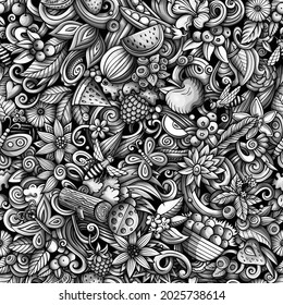 Cartoon doodles Summer nature seamless pattern. Backdrop with Summertime symbols and items. Monochrome detailed background for print on fabric, textile, phone cases, wrapping paper.