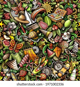 Cartoon doodles Summer seamless pattern. Backdrop with Summertime activities symbols and items. Colorful detailed background for print on fabric, textile, phone cases, wrapping paper.