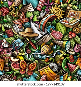 Cartoon doodles Summer seamless pattern. Backdrop with Summertime activities symbols and items. Colorful detailed background for print on fabric, textile, phone cases, wrapping paper.