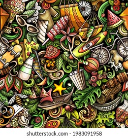 Cartoon doodles Summer seamless pattern. Backdrop with Summertime activities symbols and items. Colorful detailed background for print on fabric, textile, phone cases, wrapping paper.