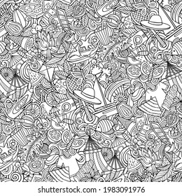 Cartoon doodles Summer seamless pattern. Backdrop with Summertime activities symbols and items. Sketchy detailed background for print, coloring pages, wrapping paper.