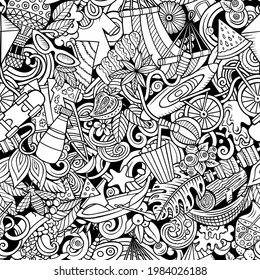 Cartoon doodles Summer seamless pattern. Backdrop with Summertime activities symbols and items. Sketchy detailed background for print, coloring pages, wrapping paper.