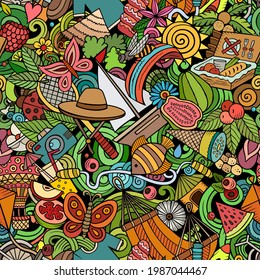 Cartoon doodles Summer seamless pattern. Backdrop with Summertime activities symbols and items. Colorful detailed background for print on fabric, textile, phone cases, wrapping paper.