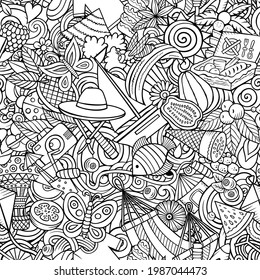 Cartoon doodles Summer seamless pattern. Backdrop with Summertime activities symbols and items. Sketchy detailed background for print, coloring pages, wrapping paper.
