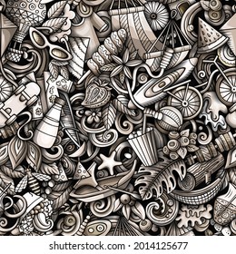 Cartoon doodles Summer seamless pattern. Backdrop with Summertime activities symbols and items. Monochrome detailed background for print on fabric, textile, phone cases, wrapping paper.