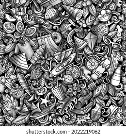 Cartoon doodles Summer seamless pattern. Backdrop with Summertime activities symbols and items. Monochrome detailed background for print on fabric, textile, phone cases, wrapping paper.