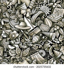 Cartoon doodles Summer seamless pattern. Backdrop with Summertime activities symbols and items. Monochrome detailed background for print on fabric, textile, phone cases, wrapping paper.