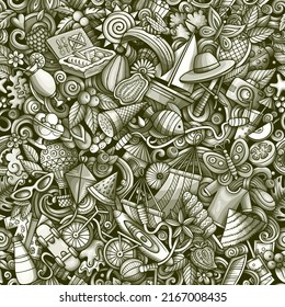 Cartoon doodles Summer seamless pattern. Backdrop with Summertime activities symbols and items. Monochrome detailed background for print on fabric, textile, phone cases, wrapping paper.