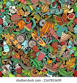 Cartoon doodles Summer seamless pattern. Backdrop with Summertime activities symbols and items. Colorful detailed background for print on fabric, textile, phone cases, wrapping paper.