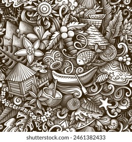 Cartoon doodles Tahiti island seamless pattern. Backdrop with French Polynesia symbols and items. Graphics background for fabric, greeting cards, wallpaper