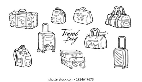 bolsas de viaje hechas a mano. Portaequipajes vectores estilo doodle de ilustración en blanco y negro.