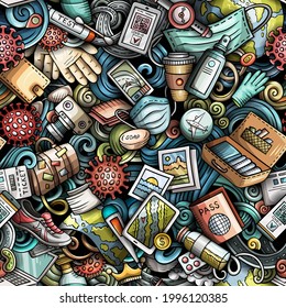 Cartoon doodles Traveling seamless pattern. Backdrop with Pandemic Travel symbols and items. Colorful detailed background for print on fabric, textile, phone cases, wrapping paper.
