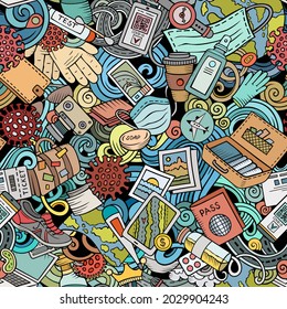 Cartoon doodles Traveling seamless pattern. Backdrop with Pandemic Travel symbols and items. Colorful detailed background for print on fabric, textile, phone cases, wrapping paper.