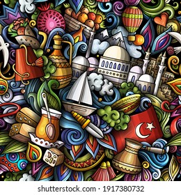 Cartoon doodles Turkey seamless pattern. Backdrop with Turkish culture symbols and items. Colorful detailed background for print on fabric, textile, greeting cards, phone cases