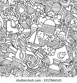 Cartoon doodles Turkey seamless pattern. Backdrop with Turkish culture symbols and items. Sketchy detailed background for print on fabric, textile, greeting cards, phone cases