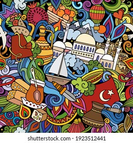 Los dibujos animados le dan un patrón impecable a Turquía. Fondo con símbolos y elementos de la cultura turca. Colorido detallado, con muchos objetos de fondo para imprimir en tela, textil, tarjetas de felicitación, estuches de teléfono