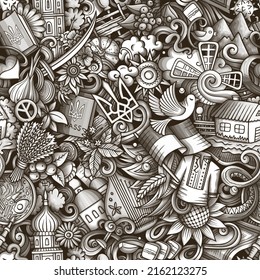 Cartoon doodles Ukraine seamless pattern. Backdrop with local ukrainian culture symbols and items. Monochrome background for print on fabric, textile, greeting cards, scarves, wallpaper