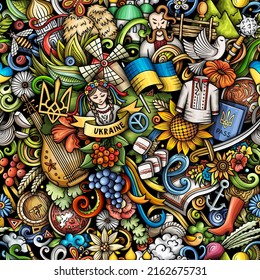 Cartoon Doodles Ukraine Seamless Pattern. Backdrop With Local Ukrainian Culture Symbols And Items. Colorful Background For Print On Fabric, Textile, Greeting Cards, Scarves, Wallpaper