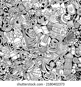 Cartoon doodles Ukraine seamless pattern. Backdrop with local ukrainian culture symbols and items. Line art background for print on fabric, textile, greeting cards, scarves, wallpaper