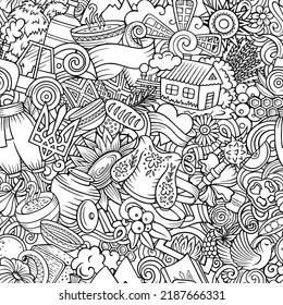 Cartoon doodles Ukraine seamless pattern. Backdrop with local ukrainian culture symbols and items. Line art background for print on fabric, textile, greeting cards, scarves, wallpaper