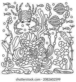 Cartoon doodles Underwater sea world. Coloring book pages for adults. Background with marine animals, algae, seaweed . Hand drawn Sketchy detailed backdrop.