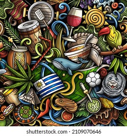 Cartoon doodles Uruguay seamless pattern. Backdrop with Latin American culture symbols and items. Colorful background for print on fabric, textile, greeting cards, scarves, wallpaper