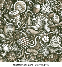 Cartoon doodles Uruguay seamless pattern. Backdrop with Latin American culture symbols and items. Monochrome background for print on fabric, textile, greeting cards, scarves, wallpaper