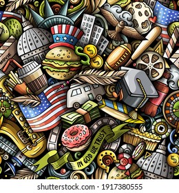 Cartoon doodles USA seamless pattern. Backdrop with American culture symbols and items. Colorful detailed background for print on fabric, textile, greeting cards, phone cases, scarves, wrapping paper