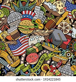 Cartoon doodles USA seamless pattern. Backdrop with American culture symbols and items. Colorful detailed background for print on fabric, textile, greeting cards, phone cases, scarves, wrapping paper.