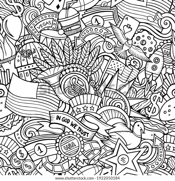 Cartoon doodles USA seamless pattern. Backdrop with\
American culture symbols and items. Sketchy detailed background for\
print on fabric, textile, greeting cards, phone cases, scarves,\
wrapping paper. 