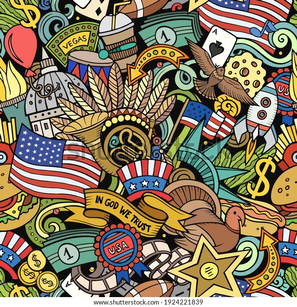 Cartoon doodles USA seamless pattern. Backdrop with\
American culture symbols and items. Colorful detailed background\
for print on fabric, textile, greeting cards, phone cases, scarves,\
wrapping paper