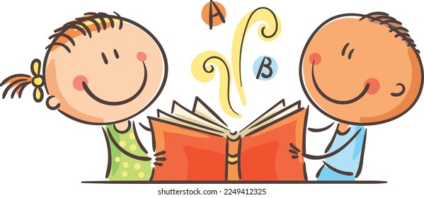 Cartoon doole smiling school kids with a book, boy and girl sitting at a desc with book, isolated on white, vector clipart illustration