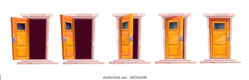 Cartoon door closing motion sequence animation. Open slightly ajar and close wooden doorways with stone stairs and darkness inside. Home facade design element, entrance. Vector illustration, icons set