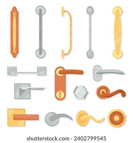 Cartoon door handles. Isolated flat knobs and handle of doors. Accessories for decor and renovation house, wooden and metallic decent vector icons set