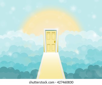 Cartoon door to heaven in the sky. Vector illustration
