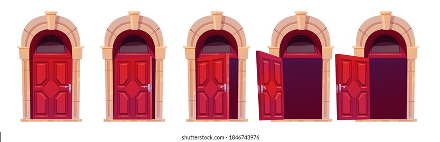 Animación de la secuencia de movimiento de apertura de la puerta de dibujos animados. Cerca, un poco ajardinadas y abiertas puertas rojas de madera con arco de piedra y ventana de vidrio. Diseño de fachada de casa, entrada. Ilustración del vector, conjunto de iconos