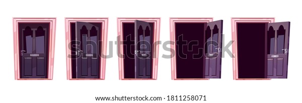 Cartoon door opening motion sequence animation.
Close, slightly ajar and open wooden doorways with mail slot and
darkness inside. Home facade design element, entrance. Vector
illustration, icons
set