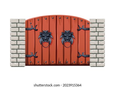 Cartoon doors composition with isolated image of medieval style wooden gate with iron handle vector illustration