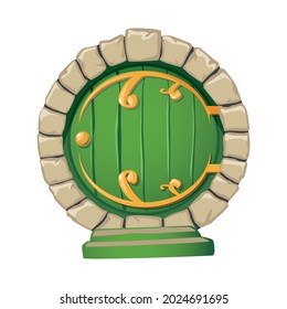 Cartoon doors composition with isolated image of round door of fantasy hobbits house vector illustration