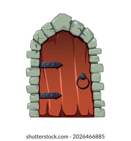 Cartoon doors composition with isolated image of fairytale wooden door with round handle vector illustration
