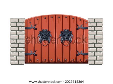 Cartoon doors composition with isolated image of medieval style wooden gate with iron handle vector illustration
