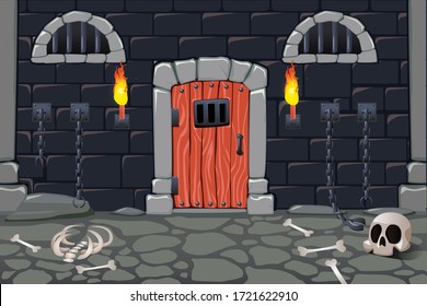 Cartoon doors composition with view of scary dungeon with torches human bones skull and chain fetters vector illustration