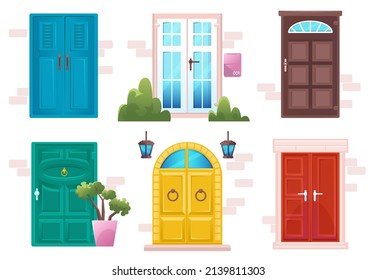 Cartoon doors in modern and classic style. Wooden and glass entries with stone doorjambs, brick wall and handles. Architecture objects, cottage, hotel exterior design elements, Vector illustration set