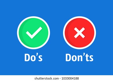 cartoon dos and donts check box. concept of cross versus tick and false or true checkmarks for exam or quiz. simple flat trend modern round logotype graphic label design isolated on blue background