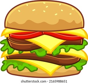 Caricatura Hamburguesa Doble Colorida. Mano De Queso De Comida Rápida Del Vector Dibujado Ilustración Aislada En Fondo Blanco