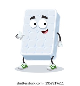 cartoon double white sleeping mattress mascot showing himself on a white background