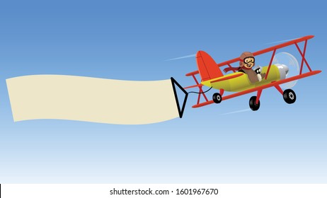 cartoon double winged airplane fly the blank banner ads